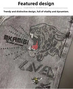 High-end Hot Diamond Jeans Men's Spring and Autumn Tide Brand Slim-fitting Small Feet Tiger Print Gray Casual Men Trousers Man
