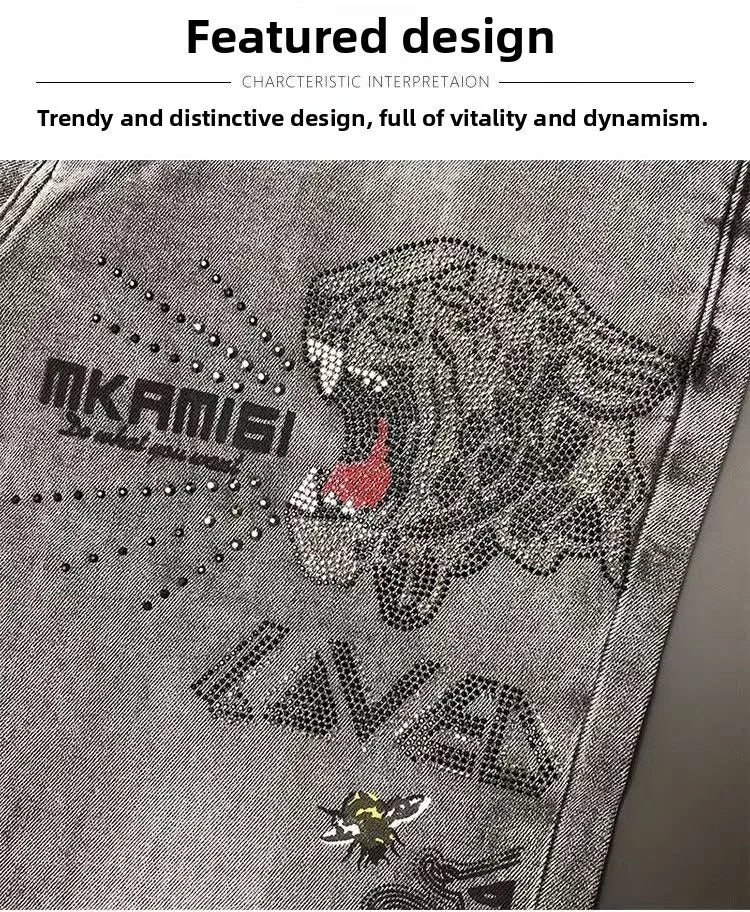 High-end Hot Diamond Jeans Men's Spring and Autumn Tide Brand Slim-fitting Small Feet Tiger Print Gray Casual Men Trousers Man