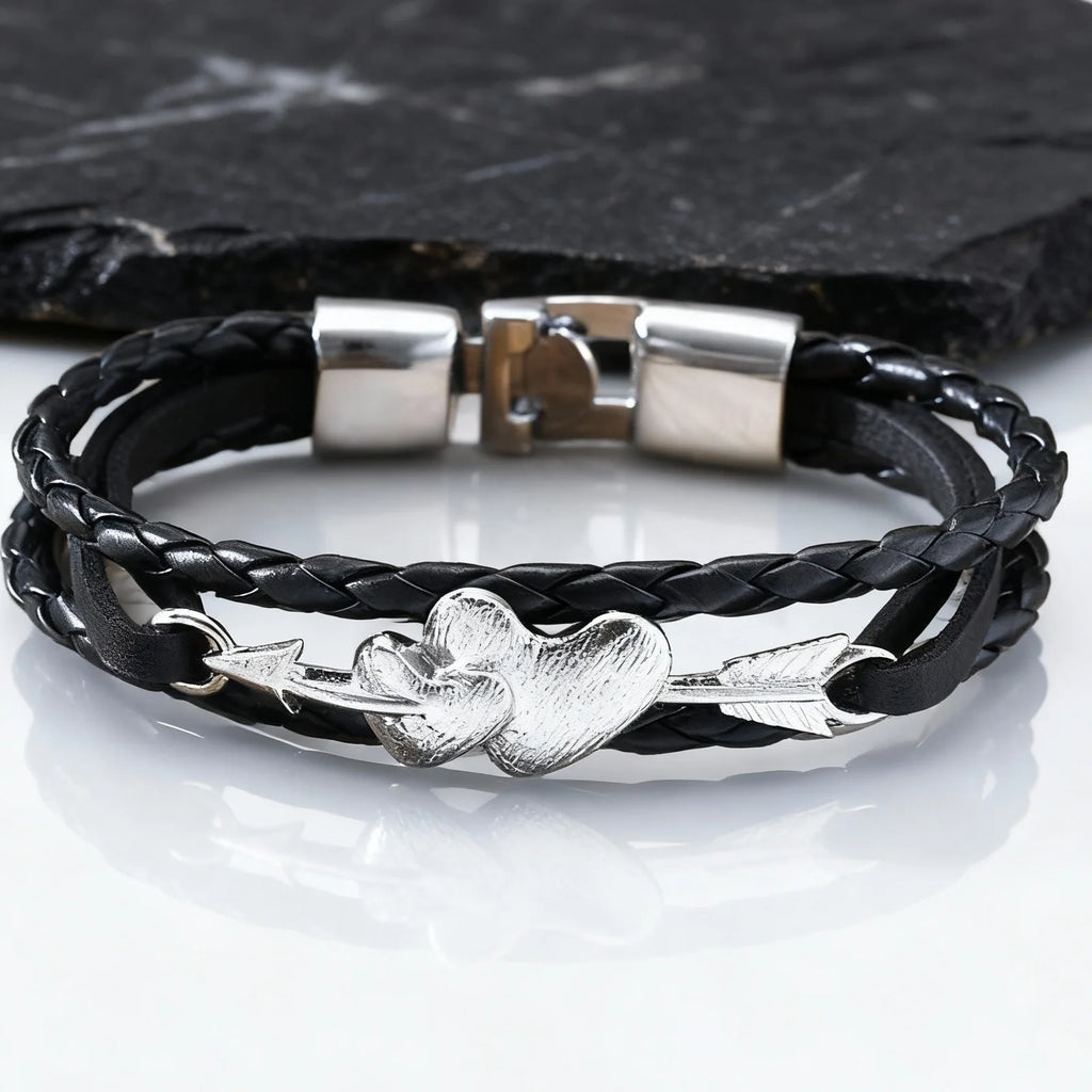 Arrow Piercing Heart Leather Bracelet for Men,Trendy Black PU Woven 3 Layers Bracelet,Gift for Husband Boyfriend