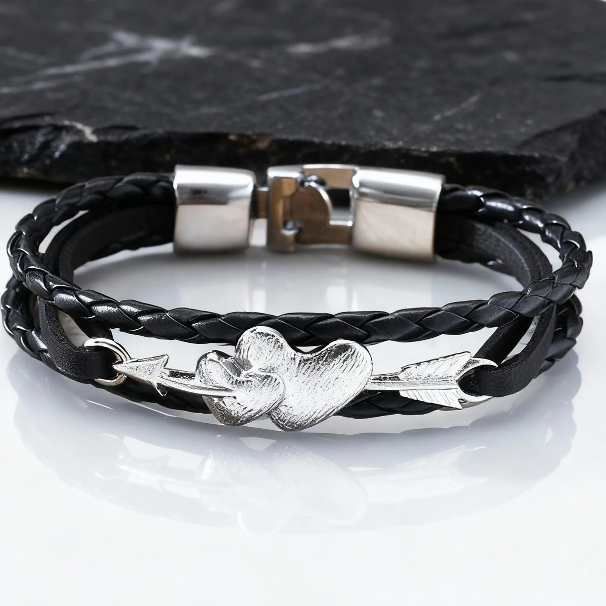 Arrow Piercing Heart Leather Bracelet for Men,Trendy Black PU Woven 3 Layers Bracelet,Gift for Husband Boyfriend