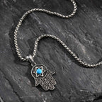 Vintage Fatima Hand Necklace for Men Boys,Stainless Steel Hexagram Turquoise Pendant,Punk Jewelry Gift