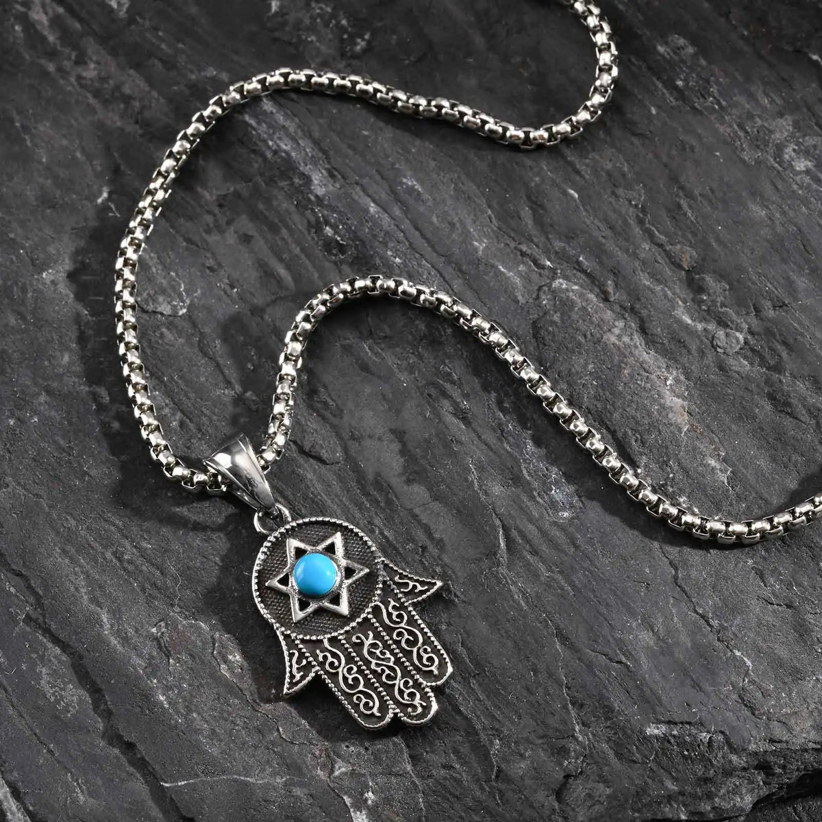 Vintage Fatima Hand Necklace for Men Boys,Stainless Steel Hexagram Turquoise Pendant,Punk Jewelry Gift