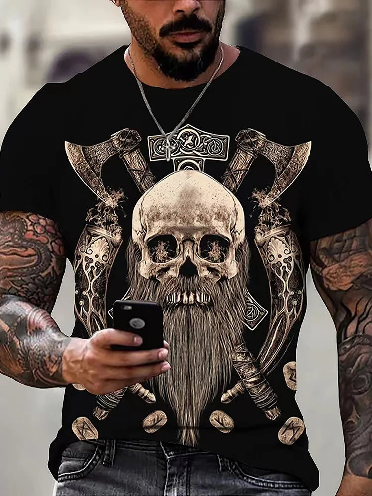 Viking-style Nordic Mythology Print Men's T-shirt Outdoor Street Sport Fitness Short-sleeved Shirt Daily Casual Fashionable Top