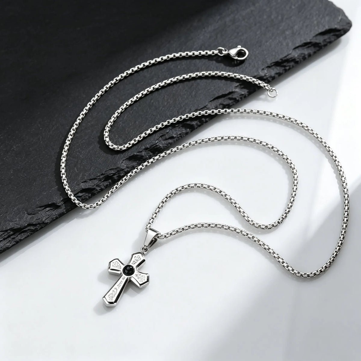 Stylish Black Natural Stone Cross Pendant Neckalce for Men,Stainless Steel Gothic Black Onyx Cross Charm Necklace Jewelry Gift