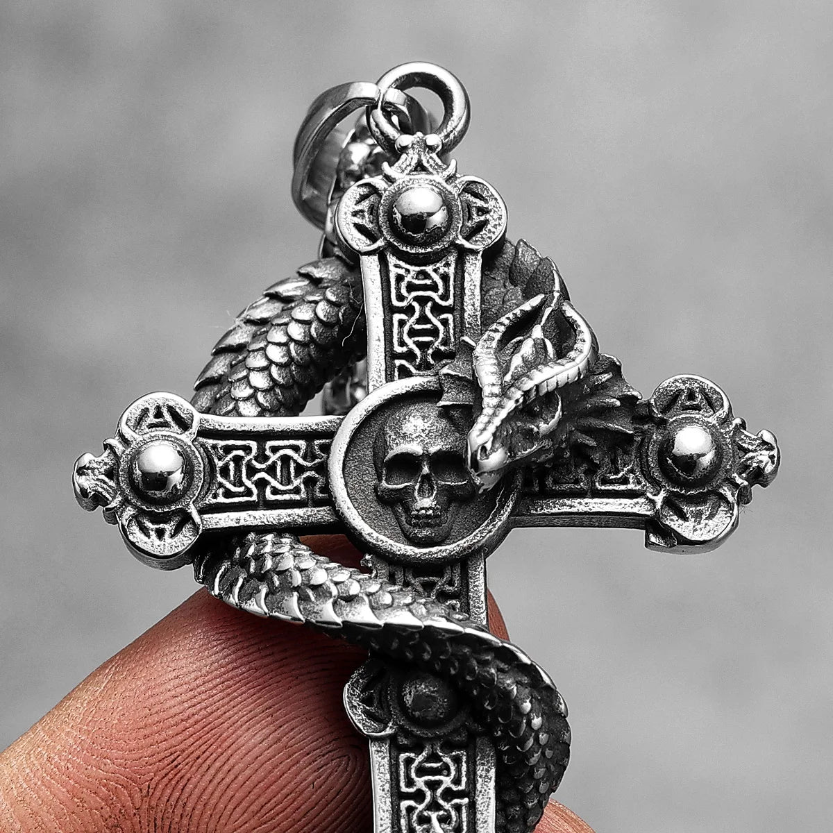 PENDRA Dragon Circling Cross Steel Necklace