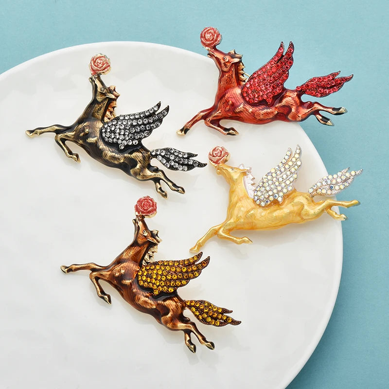 Wuli&baby Taking Rose-flower Horse Brooches 4-color Enamel Fly Running Horse Animal Brooch For Women's Clothes Pins Gifts