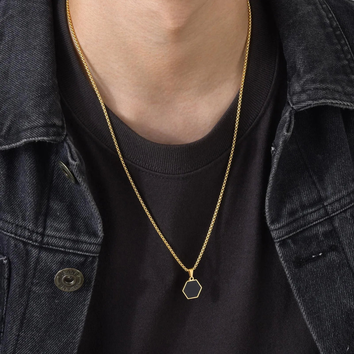 Casual Black Hexagon Necklaces for Men Jewelry, Gold Color Stainless Steel Geometric Pendant with Box Chain Collar