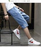 Clothes Y2k Man 2000s Summer Thin Stripe Men's Loose Casual Shorts Korean Denim Luxury  Elastic Waist Knee Pants Black Jeans Man