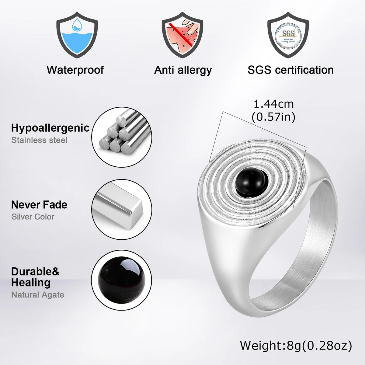 Men's Stainless Steel Signet Ring,Vintage Natural Stone Black Onyx Round Ring,Daily Wear Jewelry Gift