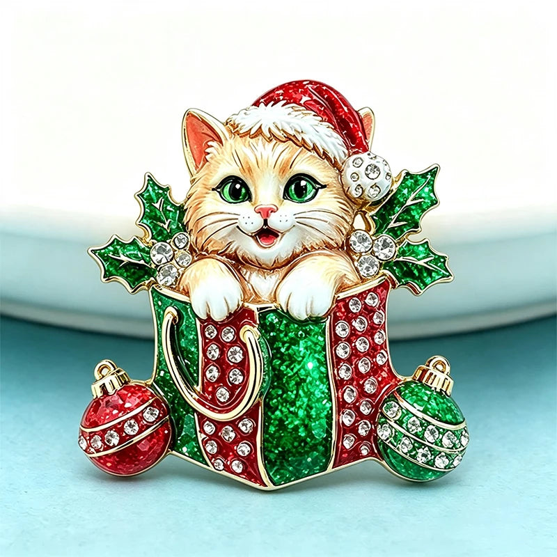 PENDRA Christmas Kitty Rhinestone Brooch