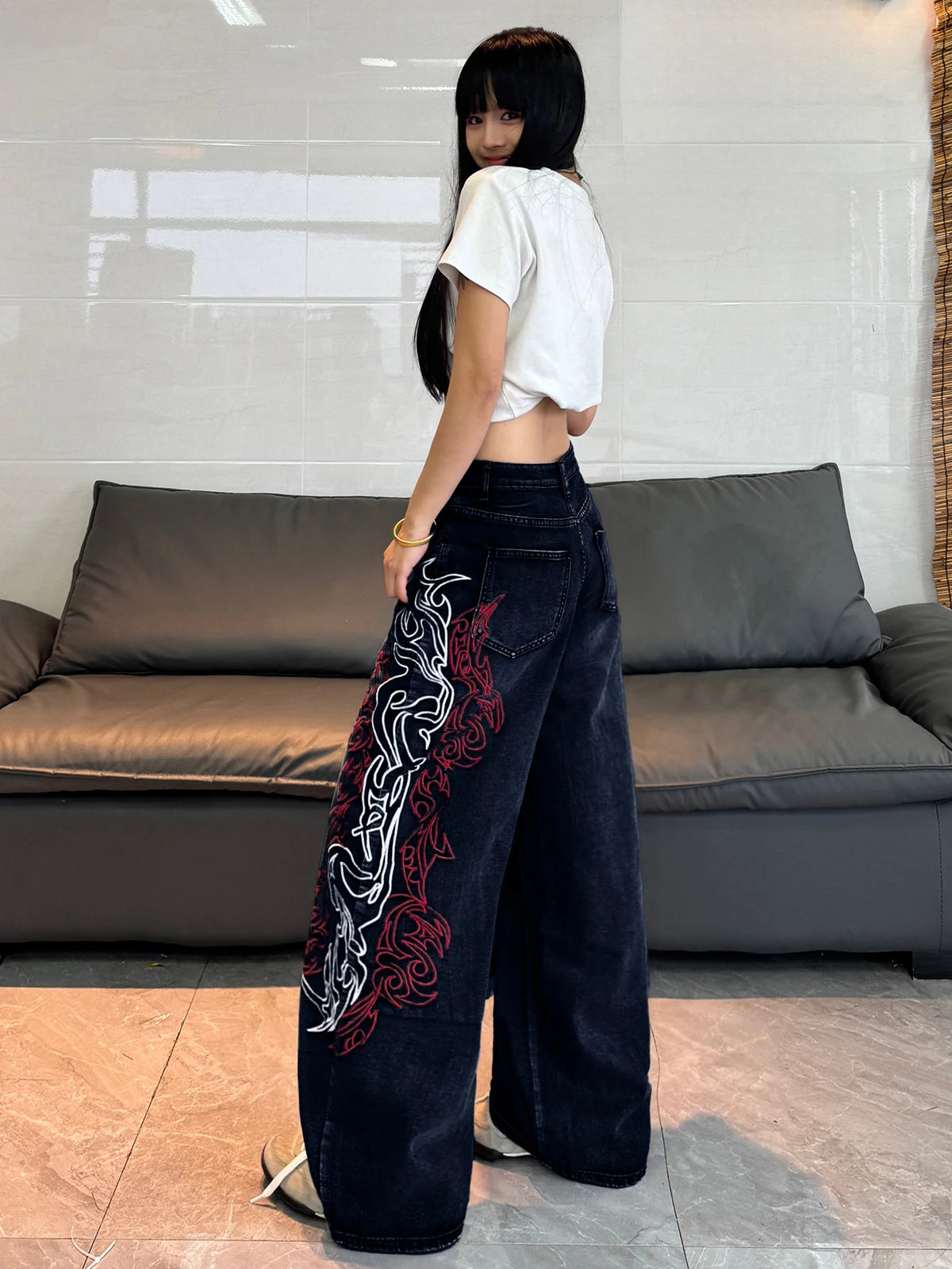 American Retro Two-Color Totem Embroidered Women's Loose Wide-Leg Jeans Y2K Trendy Street Fashion Versatile High-Waisted Trousers