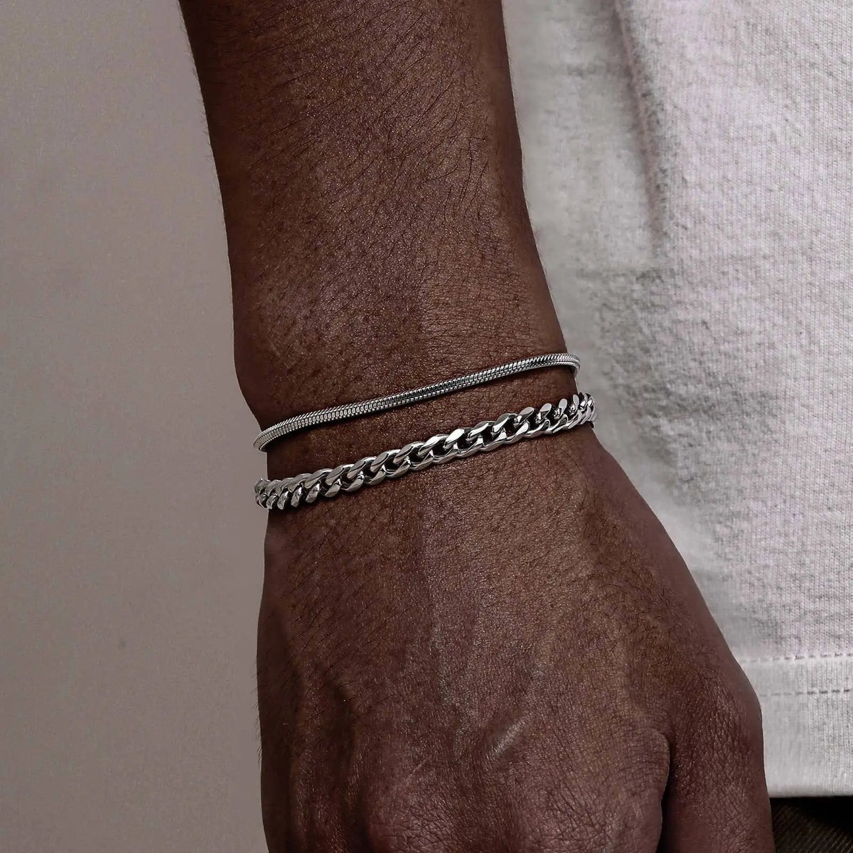 Hiphop 2pcs Stacked Chan Bracelets for Men Boys,Stainless Steel Cuban Chain Wristband,18/21/23CM