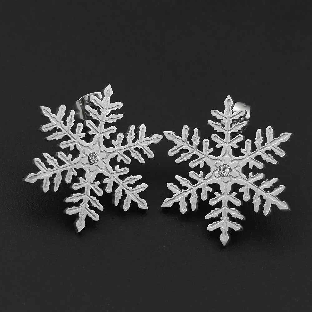 Stainless Steel Snowflake Stud Earrings Inlaid Crystal Winter Snow Flake Earrings Christmas Holiday Jewelry Gift for Women Girl