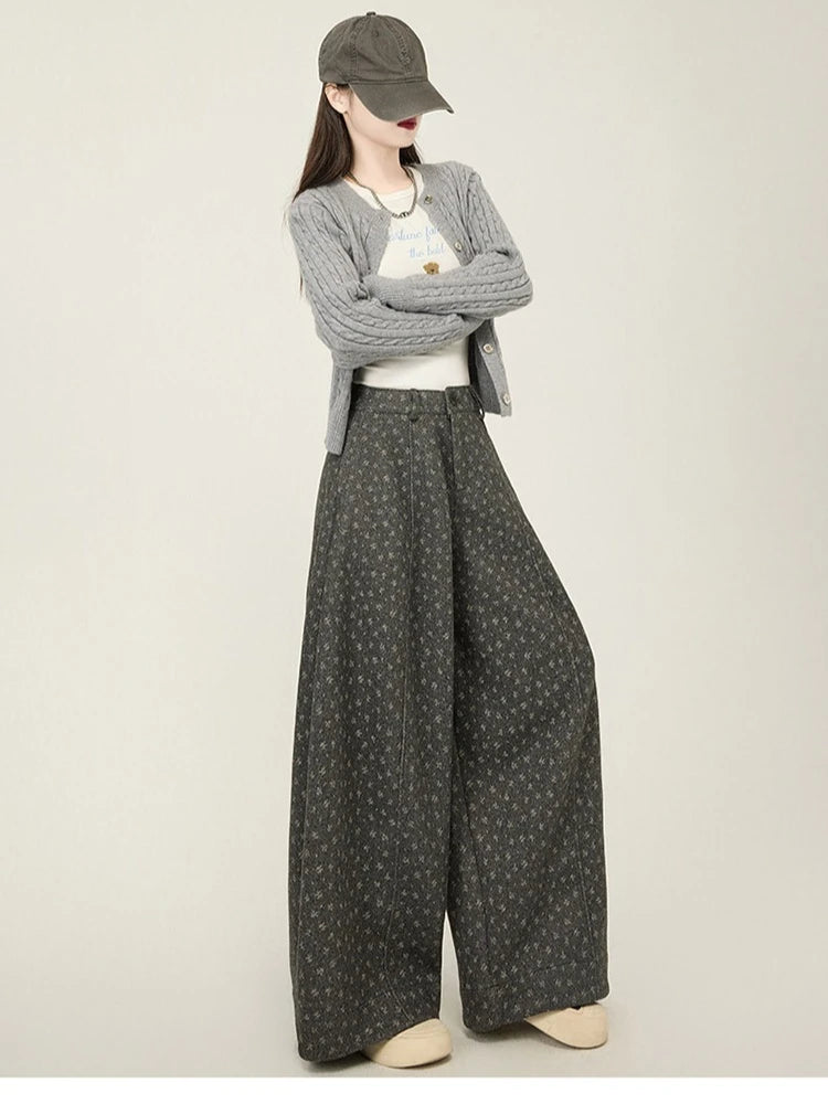 Lazy style floral print woolen suit pants women in winter new loose and versatile casual curved knife wide leg pants