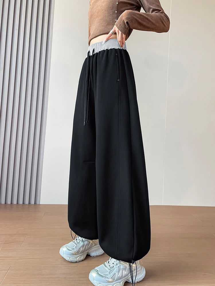American style sports pants women in autumn and winter 2025 new style thick drawstring color blocking wide leg pants