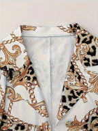 Chain printed leopard print casual two-piece set, double breasted lapel long sleeved suit jacket and high waisted casual pants,autumn women's clothing