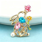 PENDRA Crystal Rabbit Floral Enamel Brooch