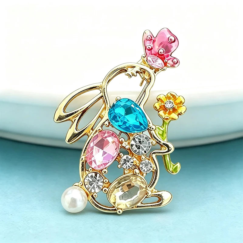 PENDRA Crystal Rabbit Floral Enamel Brooch