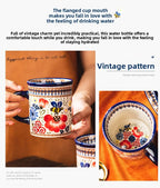 Bohemian Handmade Floral Ceramic Coffee Mug, Retro Pattern Porcelain Cup, Aesthetic Tea Mug for Latte, Cute Drinkware Gift