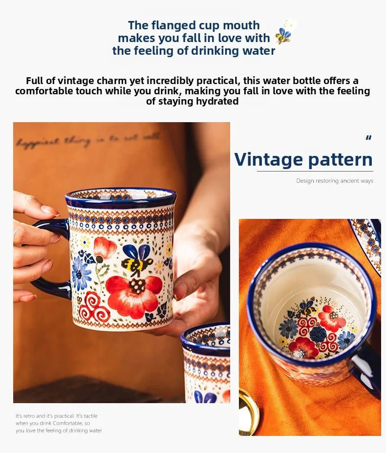 Bohemian Handmade Floral Ceramic Coffee Mug, Retro Pattern Porcelain Cup, Aesthetic Tea Mug for Latte, Cute Drinkware Gift