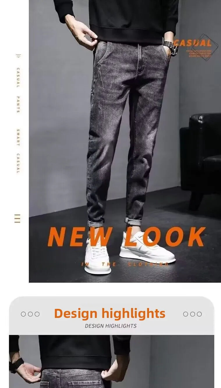Autumn 2025 New Jeans Men's Trendy Brand Retro Casual Trousers Student Fashion Printing Elastic Skinny Jeans Men Trousers