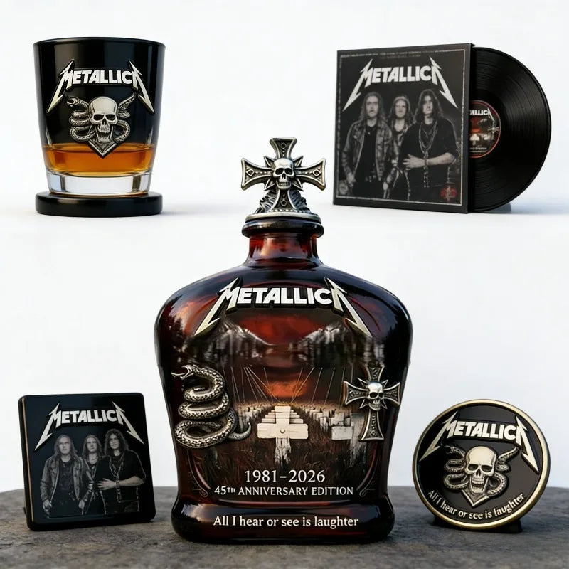 Metallica 45th Anniversary Limited Edition Whiskey Decanter - Rock Band Collectible Glass Bottle with Skull Cross Decor  Gift