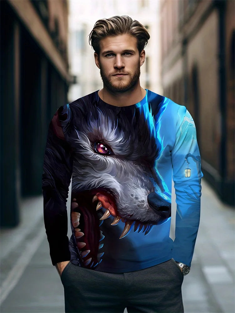 Spring And Autumn Men's Daily Casual Top Street Fashion Men's Long Sleeve T-shirt 3D Wolf Print Men's Long Sleeve T-shirt