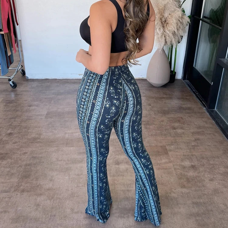 Vintage Boho Spring Floral Print Casual Pants Fashion new high elasticity tight fitting micro flared Yoga Joggers pants