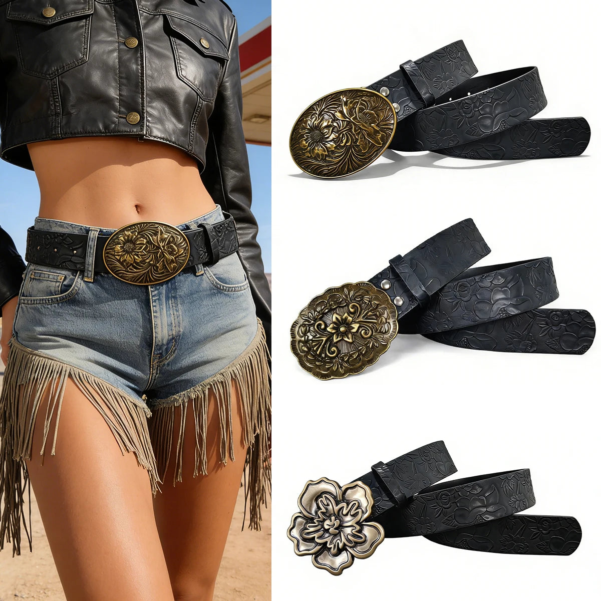 Vintage Dark Color Carved Women's Belt with flora Leaf Print Casual Belt Daily Commuting Decoration Luxury Designer Jeans Belt