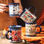 Bohemian Handmade Floral Ceramic Coffee Mug, Retro Pattern Porcelain Cup, Aesthetic Tea Mug for Latte, Cute Drinkware Gift