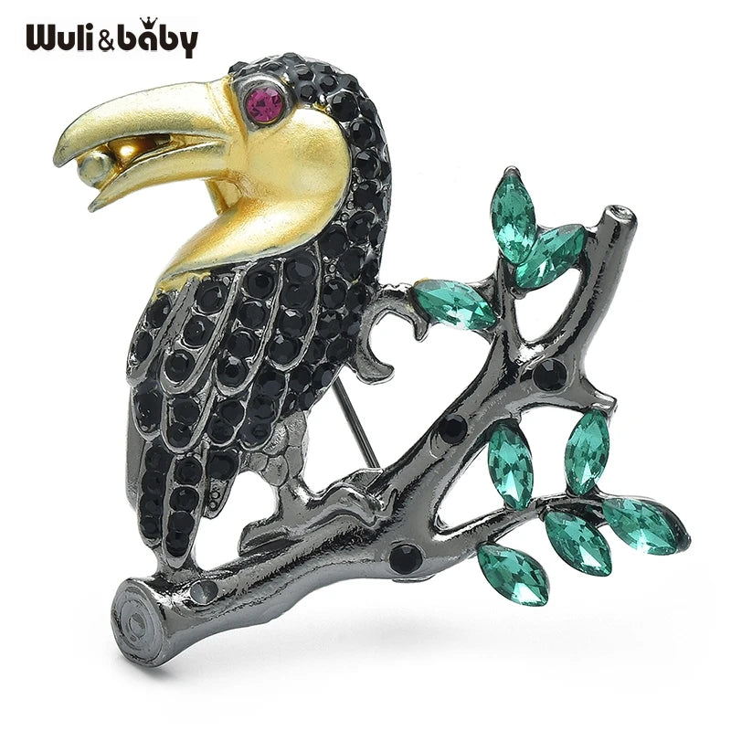 Wuli&baby Lovely Rhinestone Crow Bird Brooches For Women Unisex Beautiful Stand On Branch Birds Animal Office Party Brooch Pins