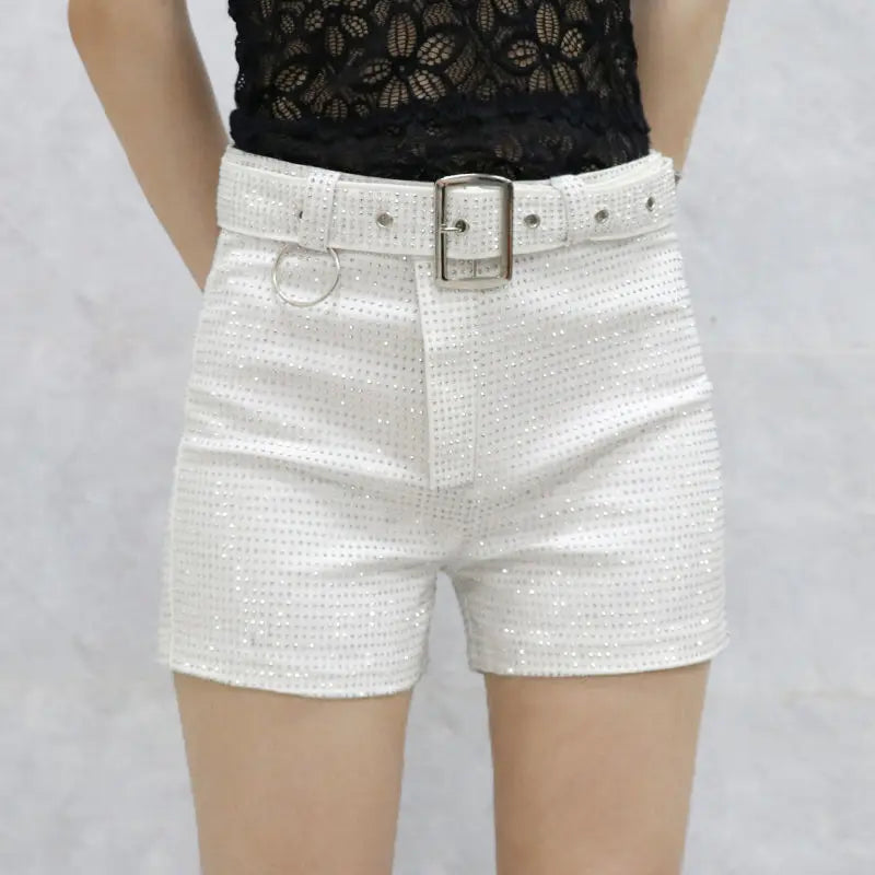 Rhinestone Shorts Women Wide Leg Shorts High Waist Sexy New Fashion Elastic Waist Diamond Casual Hot Pants Female belt