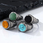 Punk Vintage Ethnic Rings for Men,Stainless Steel Natural Stone Scale Ring,Round Stone Signet Ring Gift for Husband Dad Son