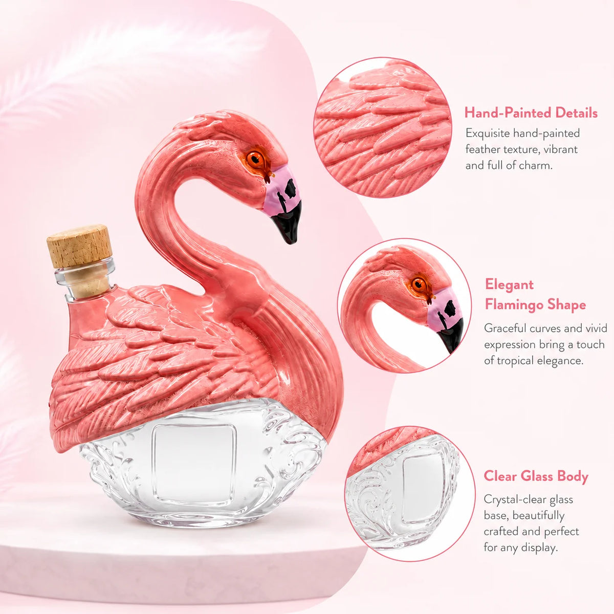 Unique Pink Bird Glass Decanter Embossed Feather Design Whiskey Brandy Bottle for Bar Cabinet Decoration