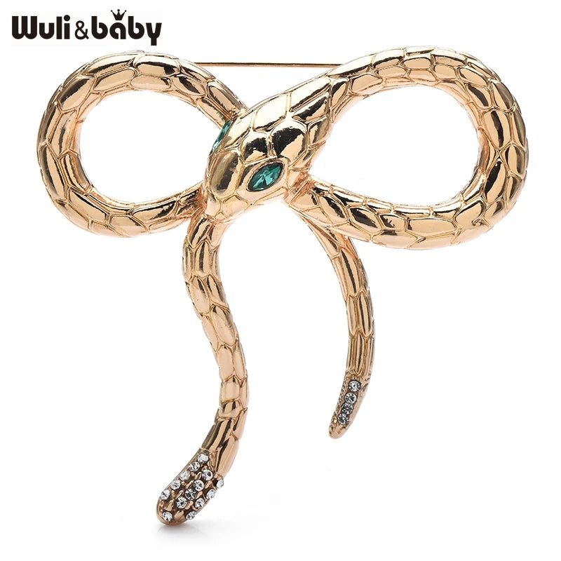 Wuli&baby Bow knot Snake Brooch Pin 2 Colors Green Crystal Eye Animal Metal Badge For Suit Cloth Accessory