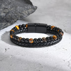 Stylish Leather Bracelet for Men Boys,Double Layers Natural Stone Tiger Eye Black Beaded Bracelet,Gift to Father Husband BBF
