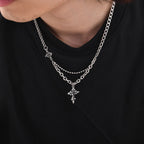 Hip Hop Cross Necklace for Men Boys,Fused Irregular 4-point Star Pendant with Splicing Collar,Cool Trendy Jewelry Gifts