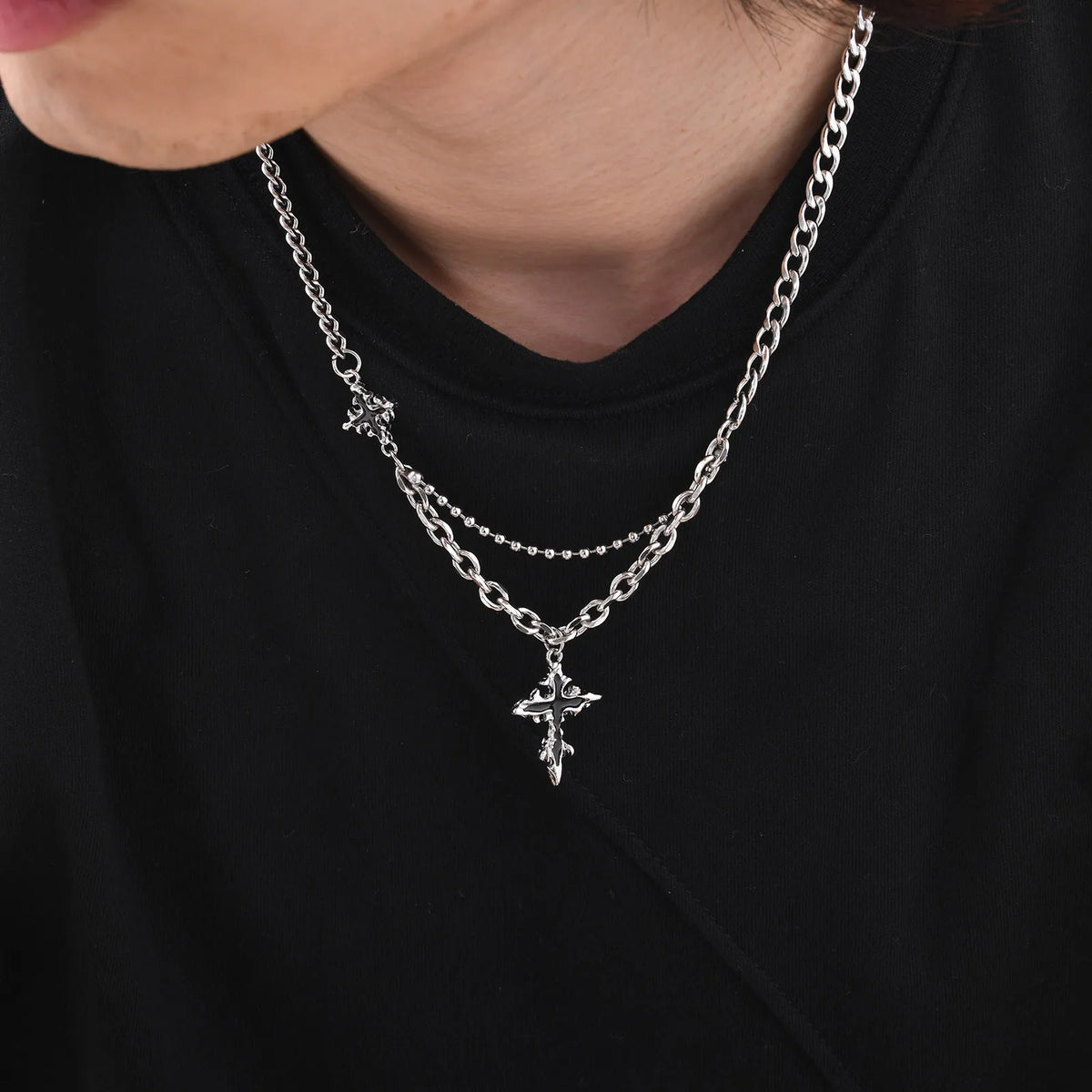 Hip Hop Cross Necklace for Men Boys,Fused Irregular 4-point Star Pendant with Splicing Collar,Cool Trendy Jewelry Gifts