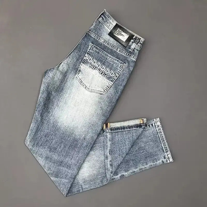 Spring Autumn 2025 Man Luxury Clothing Retro Embossed Denim Jeans for Men High-End Washed Fashion Man Designer Skinny Jeans