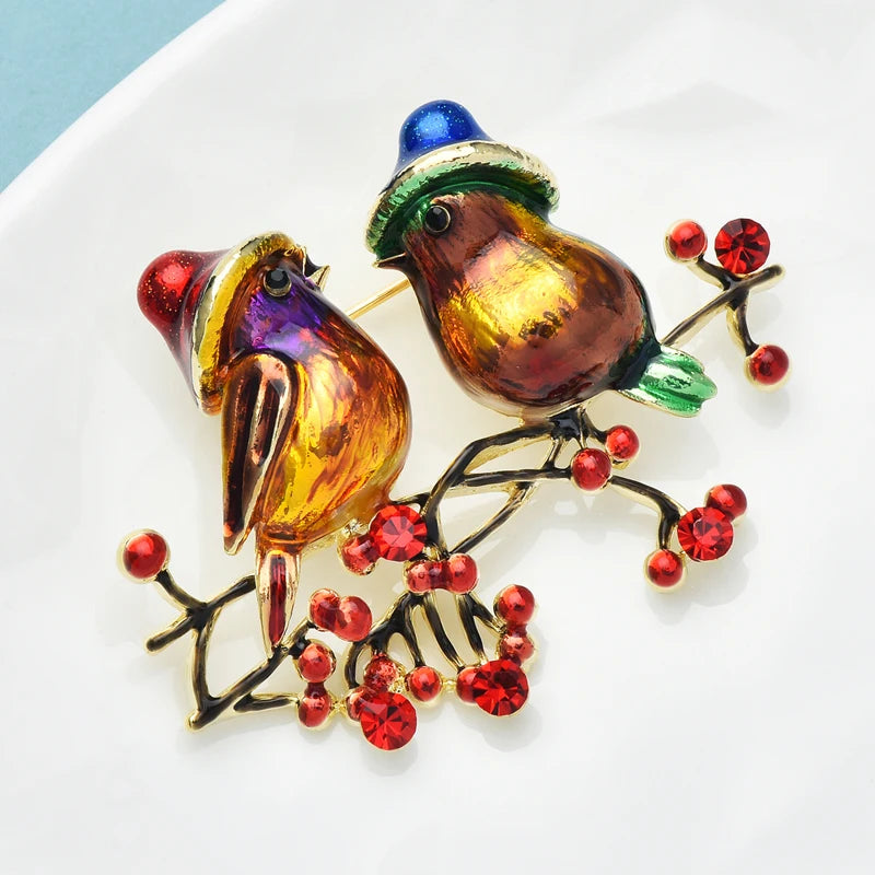 Wuli&baby Cute Two Birds Brooches For Women 2-color Enamel Rhinestone Talking Bird Animal Party Office Brooch Pin Gifts