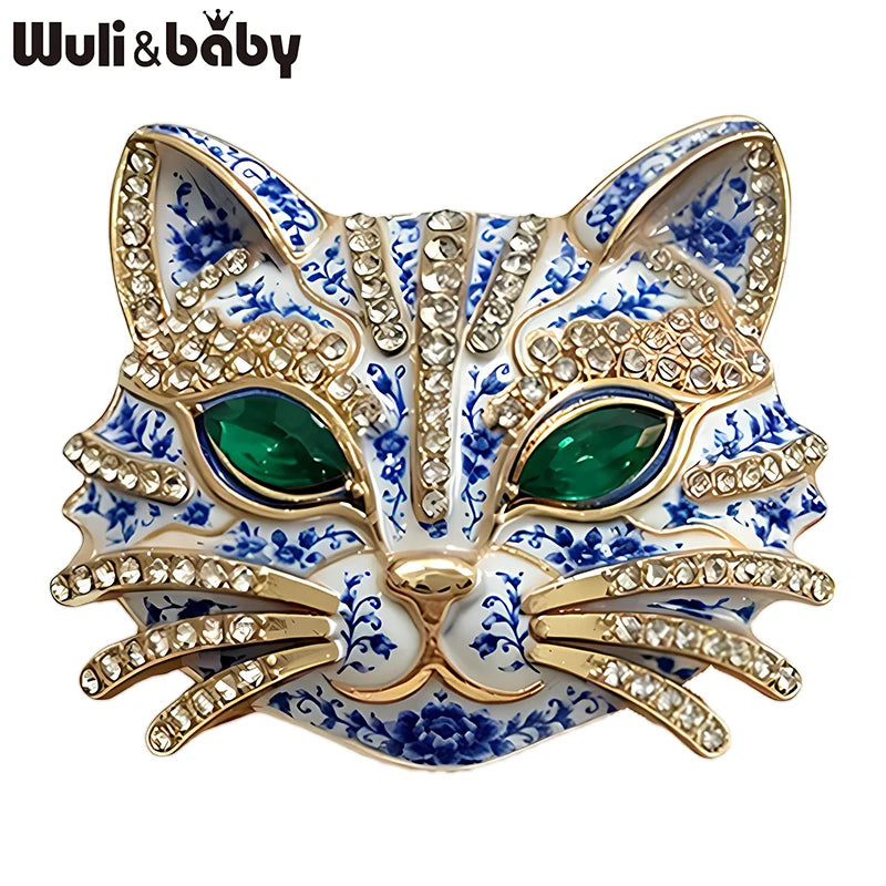 PENDRA Feline Rhinestone Enamel Cat Brooch