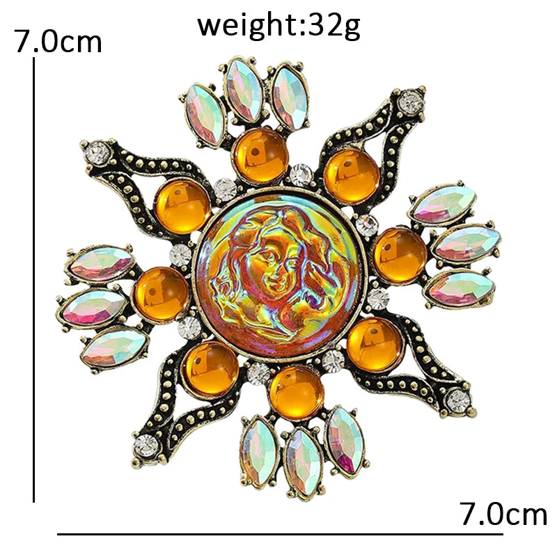 Wuli&baby Vintage Cameo Face Brooches For Women Unisex Rhinestone Sun Flower Party Causal Brooch Pin Fashion Gifts