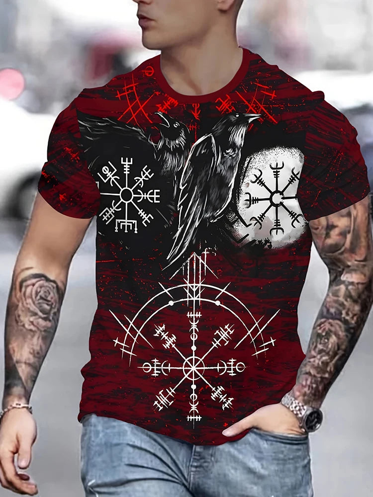 Viking-style Nordic Mythology Print Men's T-shirt Outdoor Street Sport Fitness Short-sleeved Shirt Daily Casual Fashionable Top