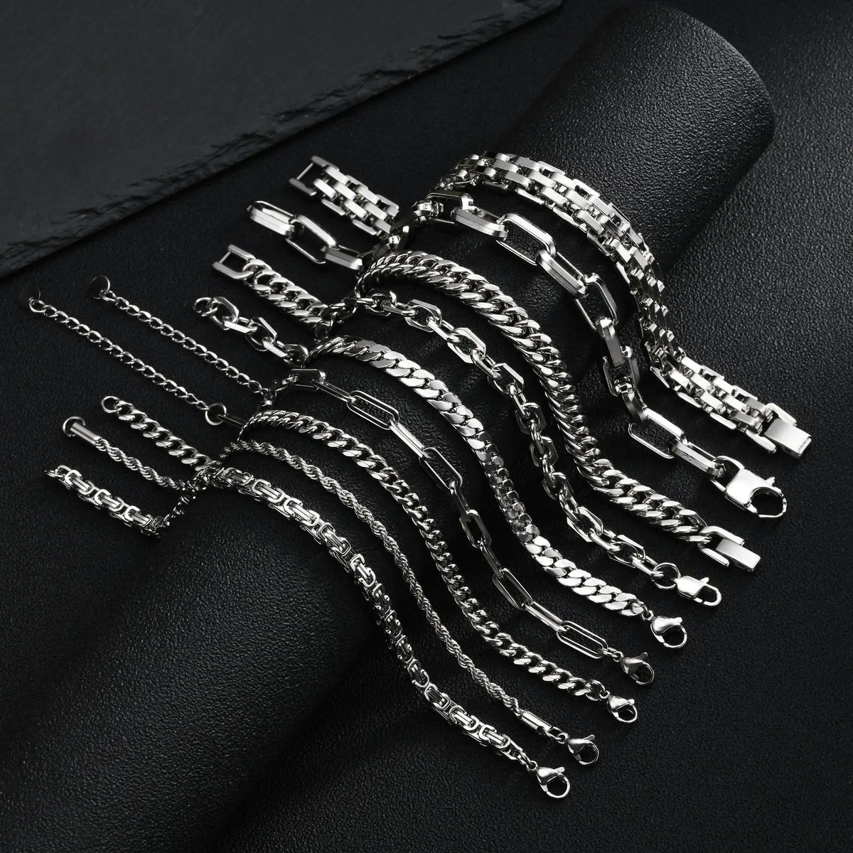 Punk Silver Color Men's Chain Bracelets,Hip Hop Stainless Steel Braided Link Wristband,Classic Metal Jewelry Gift for Him Dad