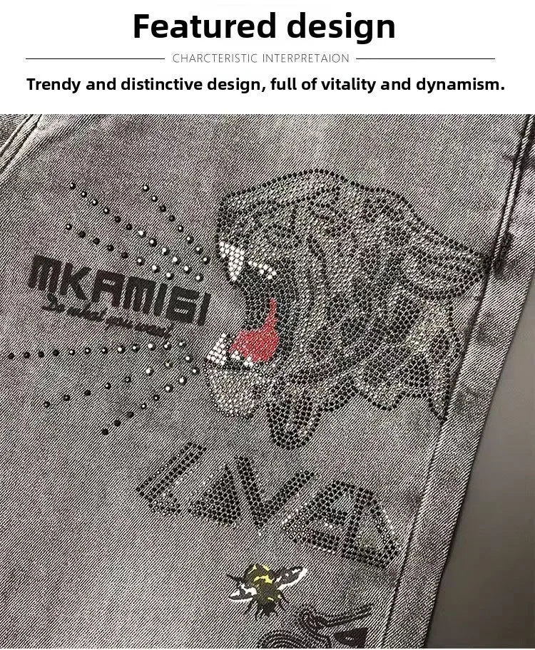 High-end Hot Diamond Jeans Men's Spring and Autumn Tide Brand Slim-fitting Small Feet Tiger Print Gray Casual Men Trousers Man
