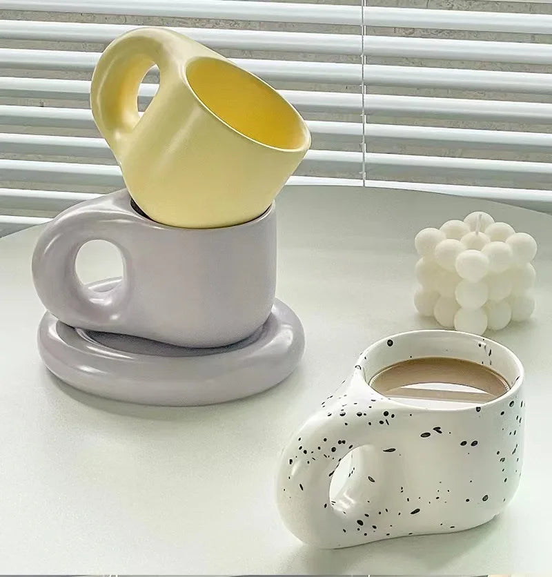 Creative chubby ceramic cup and saucer set, big handle design ins wind mug, macaron breakfast coffee