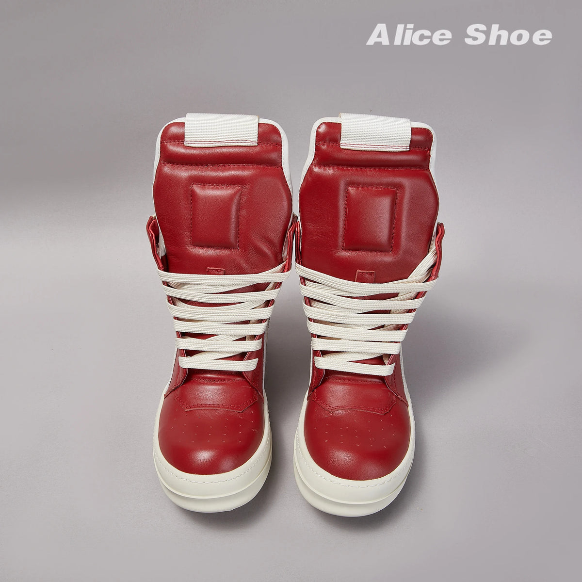 PENDRA Crimson Geobasket Red Leather High-Top Zip Lace-Up Thick-Sole Ankle Boots
