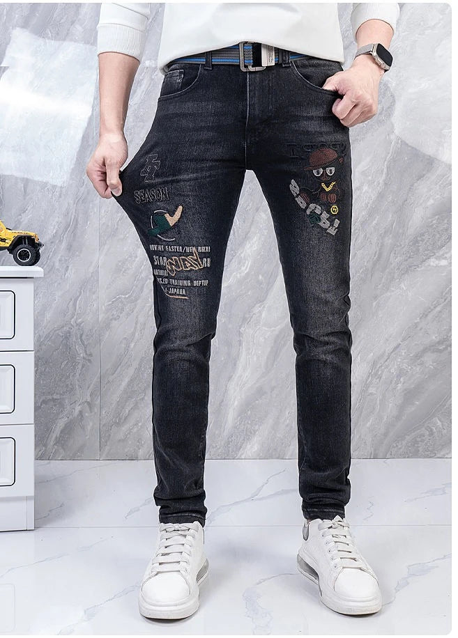 Original Brand Men's Clothing Autumn and Winter New Trend Letter Embroidered Jeans Men's Slim Fashion Korean Elastic Trousers
