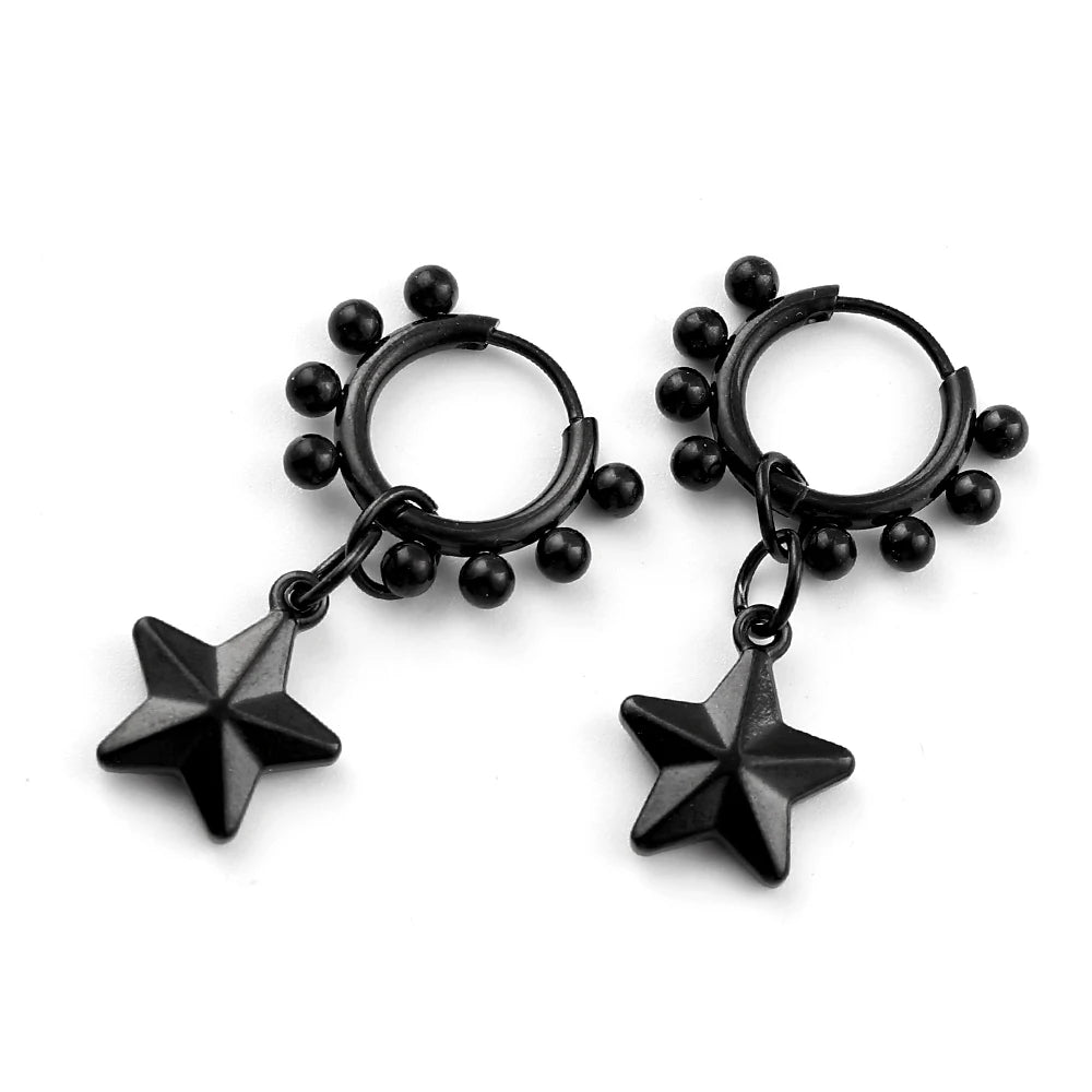 Punk Black Moon Star Hoop Earrings Gothic Crescent Dangle Stainless Steel Beaded Drop Earrings Men Women Hip Hop Jewelry Gifts