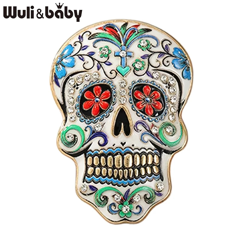 Wuli&baby Candy Skull Brooches For Women Unisex 4-color Enamel Floral Pattern Skeleton Party Casual Brooch Pin Gifts